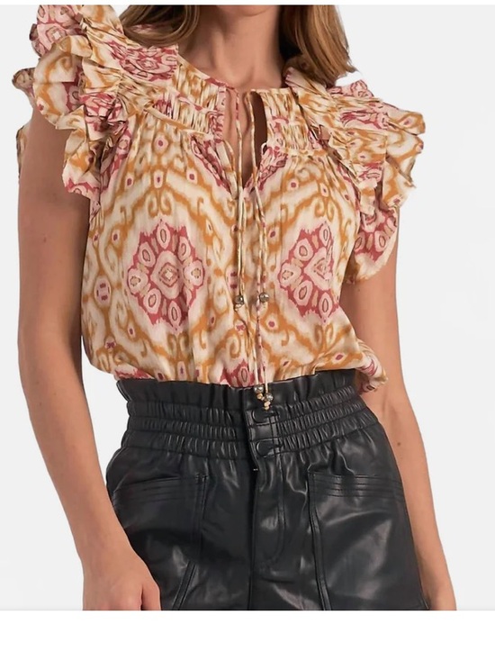 Elan Tops - Elan Pink and Gold Ruffled Tie-Neck Ikat Blouse size S